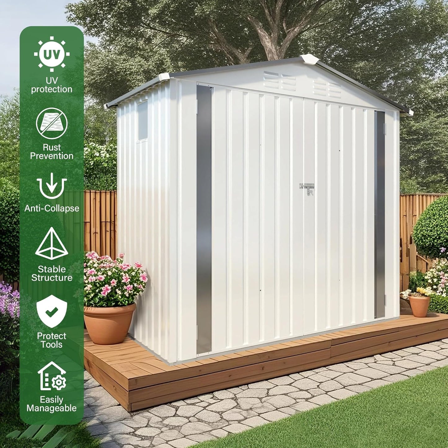 6 x 4 FT Outdoor Storage Metal Shed, Bike Garden Tool Shed with Slooping Roof, Lockable Doors and Aluminum Frames, Shed Easy to Assemble for Garden, Patio, Lawn, White