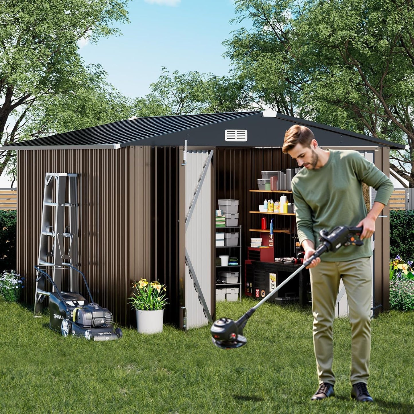 COMHOMA Shed Outdoor Storage Shed Metal,Lockable Doors Tool Sheds with Sloping Roof,Steel Garden Shed with Air Vent for Backyard,Patio,Lawn,Poolside (Brown, 10'*10')