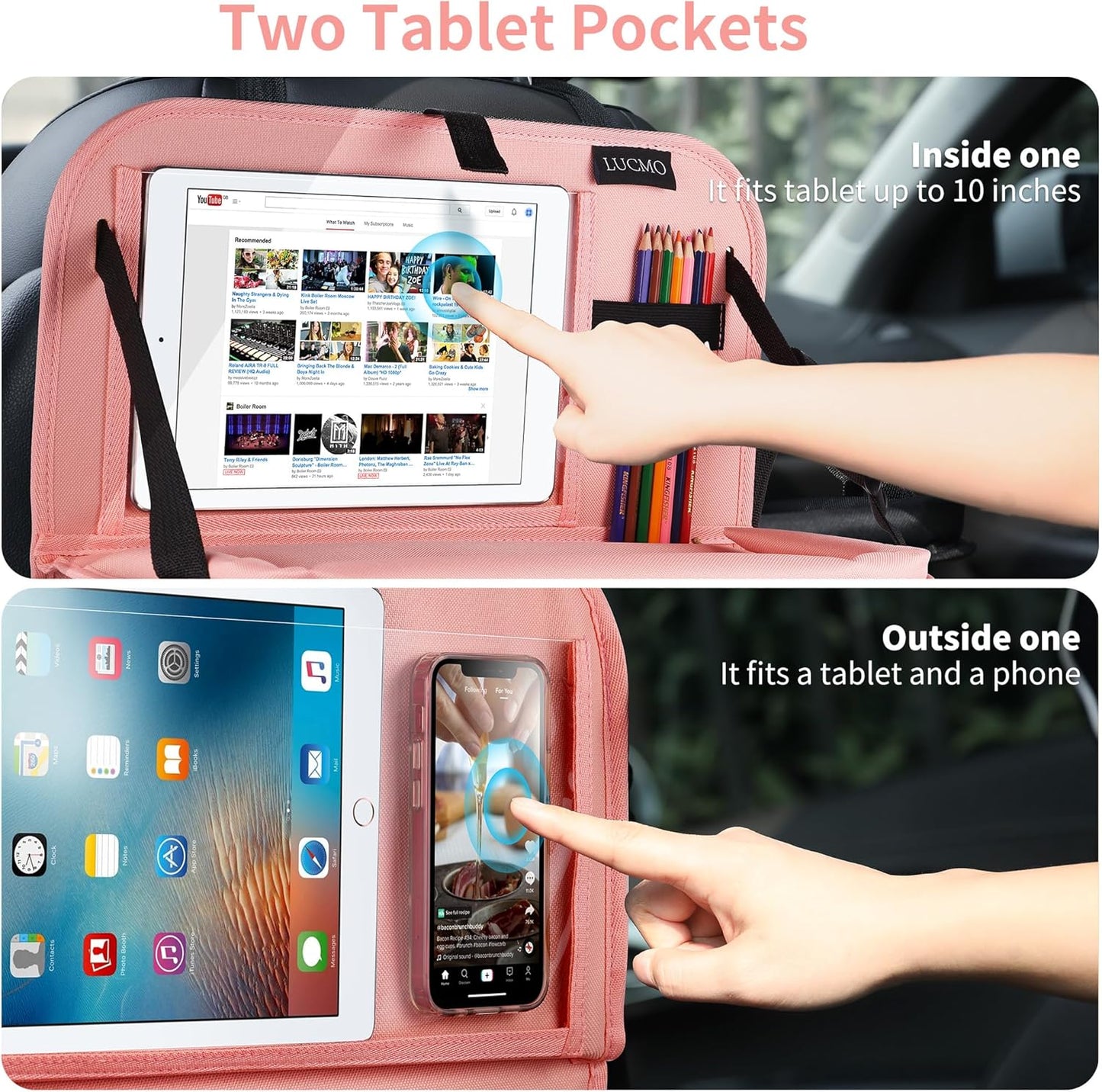 LUCMO Car Backseat Organizer with Tablet Holder-2 Pcs,6 Storage Pockets Car Storage Organizer with Foldable Food Tray,Protectors Kick Mats Travel Accessories-Pink