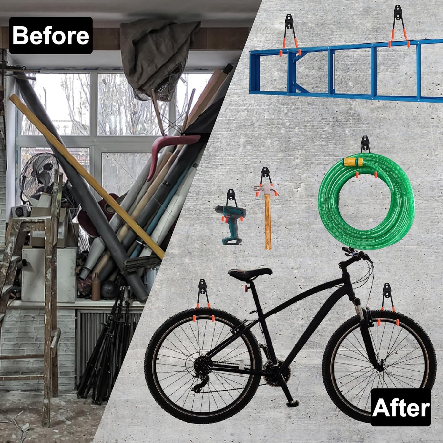 QUELIEN 4 Pack Garage Wall Hooks, 2 Large 7.5 in & 2 Small 2.5 in Heavy-Duty Cord Organizers for Garage Storage, Space-Saving Design for Home, Garage, and Workshop Use