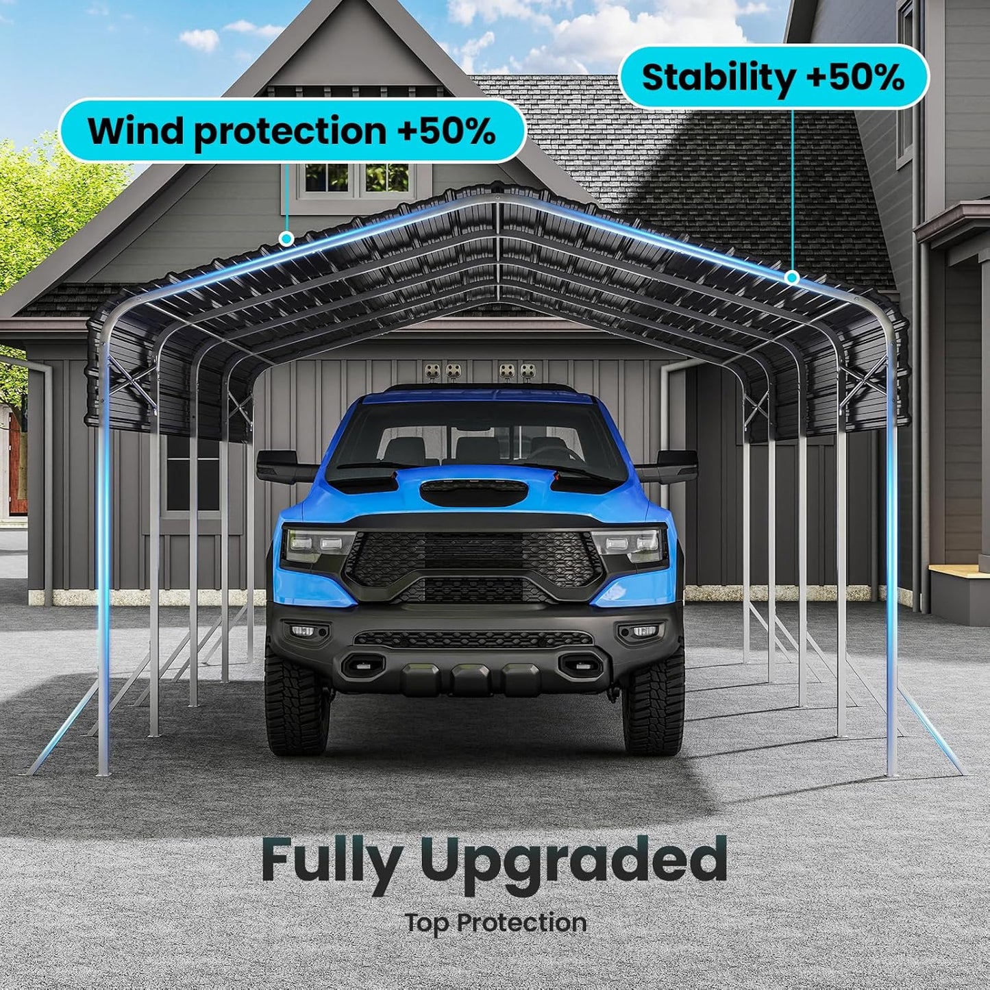 12x20ft Heavy Duty Metal Carport – Outdoor Galvanized Garage, Sturdy Structure, All-Weather Protection, Easy Assembly for Cars, Trucks, Boats, Tractors, and Outdoor Storage (Grey, 12x20FT)