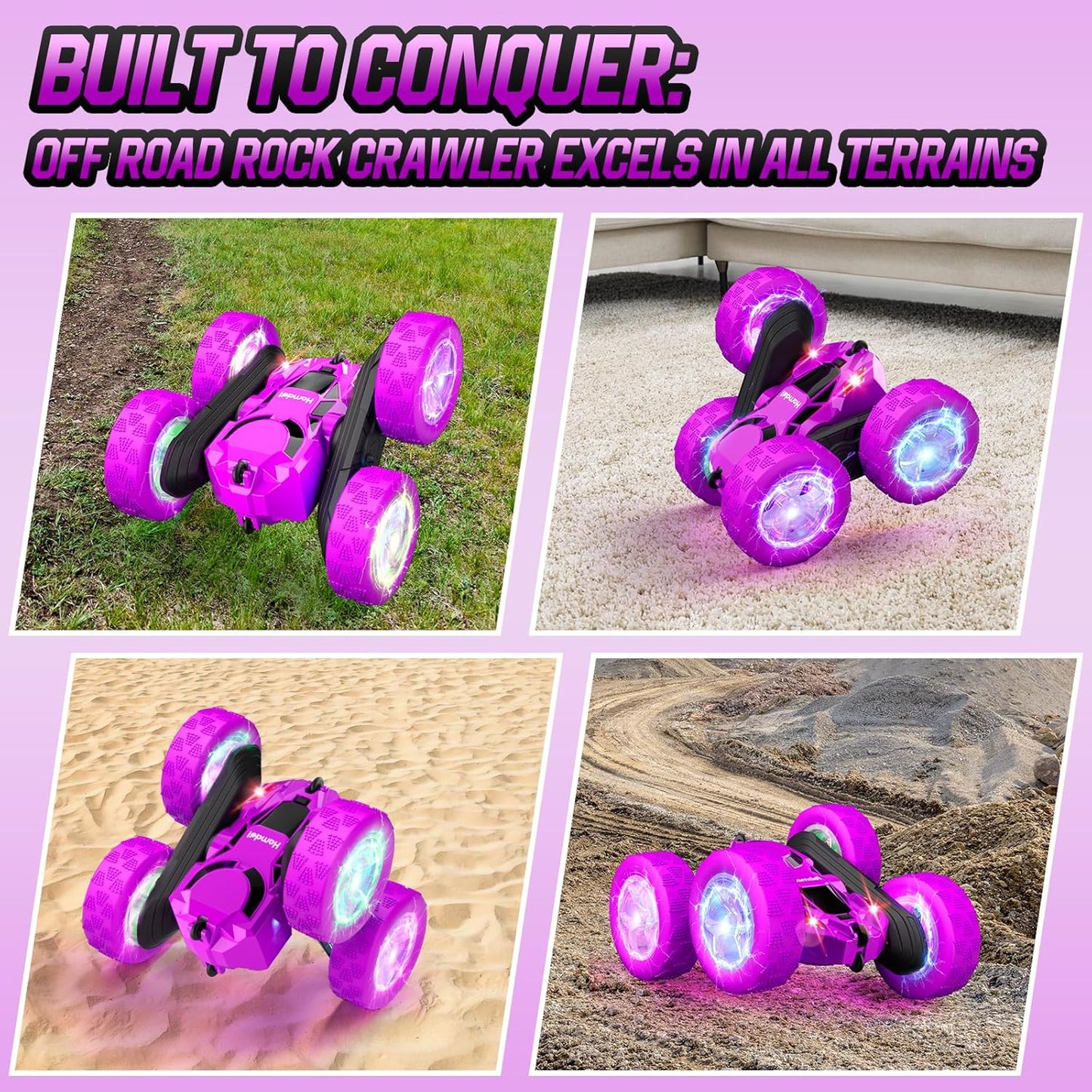 Remote Control Car for Kids Stunt RC Cars with Cool Wheel Lights Double-Sided Driving 360-degree Rotation Boys Toys for Ages 6 7 8 9 10-12 Kids Gift Ideal(Purple)