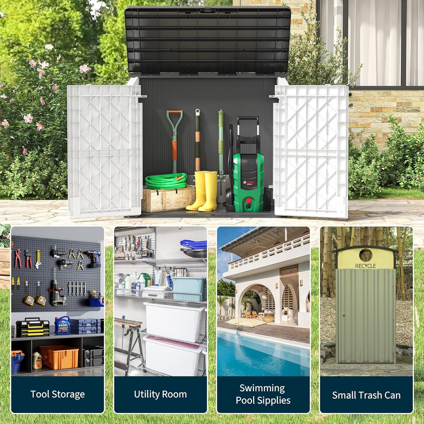 Outdoor Storage Shed 36 Cu. Ft. Resin Garden Horizontal Storage Large Capacity Weather Resistant Storage Box, Lockable Resin Waterproof Shed for Garbage Cans, Garden Tools