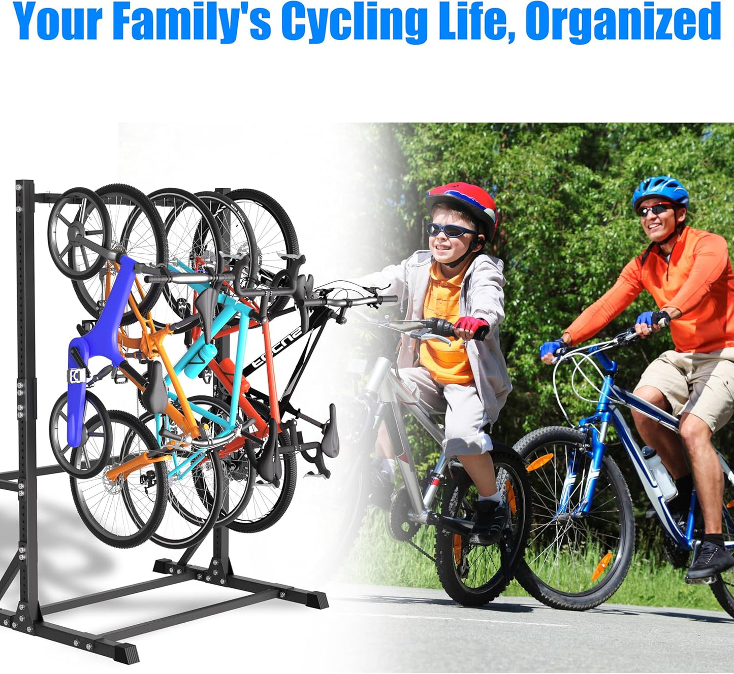 5 Bike Storage Rack, Freestanding Vertical Bicycle Stand for Garage & Indoor Use, 300 LBS Capacity - Space Saving Floor Organizer