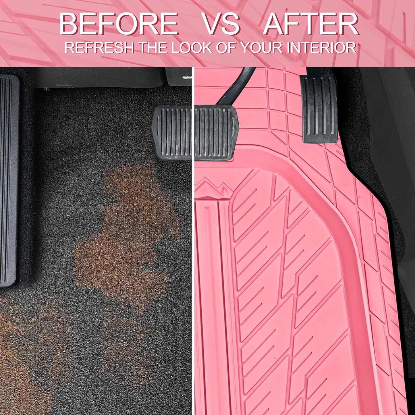 CAR PASS DeepDish Pink Floor Mats for Cars Full Set,Heavy Duty Rubber Car Mats 3-Piece,Universal Waterproof Trim-to Fit Automotive Floor Mats for Truck Van SUV, Durable All-Weather Car Mats (Pink)