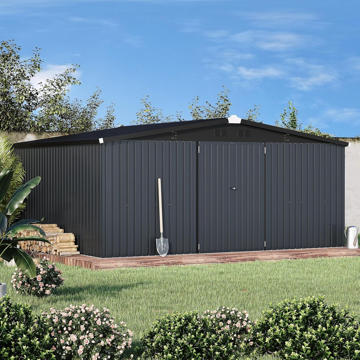AECOJOY Shed 14' x 12' Storage Shed, Outdoor Metal Storage Sheds & Outdoor Storage 12x14 with Lockable Doors, Large Steel Yard Shed, Utility Tool Storage for Garden, Patio, Outside use in Dark Grey