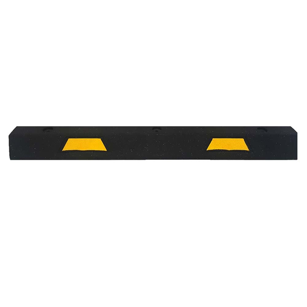 Plasticade 4' Rubber Car Parking Stop with Asphalt Hardware, Maintenance Free, Embedded Yellow Reflective Stripes for Added Visibility and Pre-Drilled Holes for Easy Installation, Made in The USA