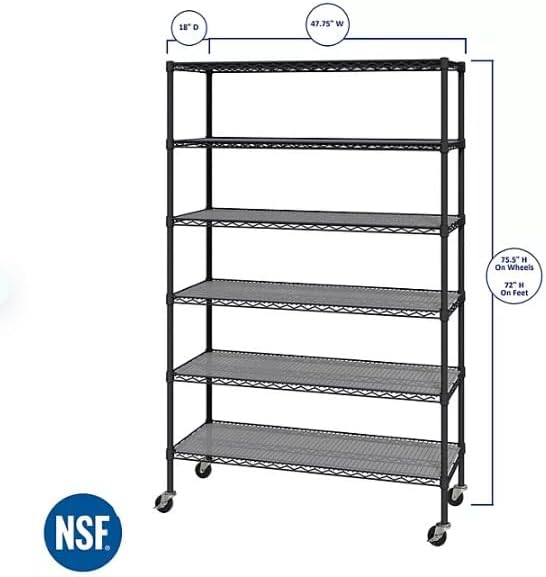 Generic Organize in Style with The Members Mark 6-Tier NSF Heavy Duty Wire Shelving, 47.75"" W x 18"" D x 75.5"" H (Graphite, 3 PACK)