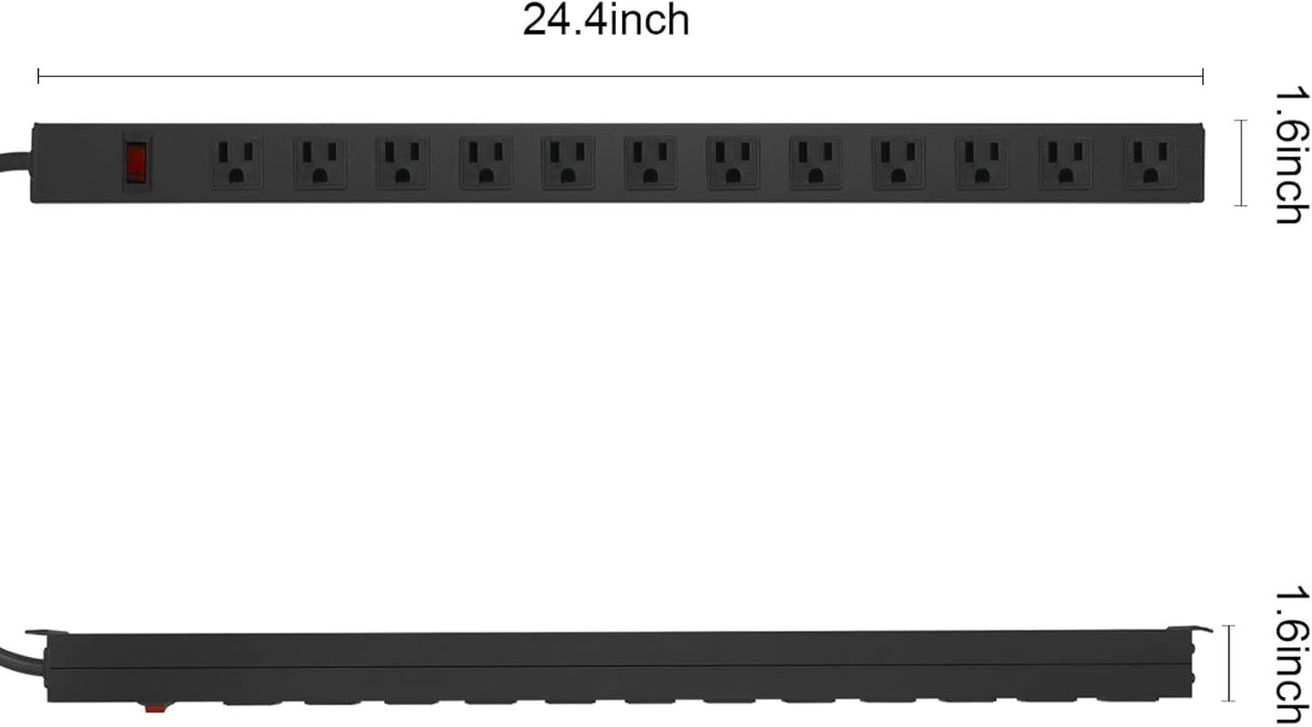 HHSOET Aluminum Wall Mount Power Strip - 12 AC Outlets, 15 FT Cord, 15A 125V Switch
