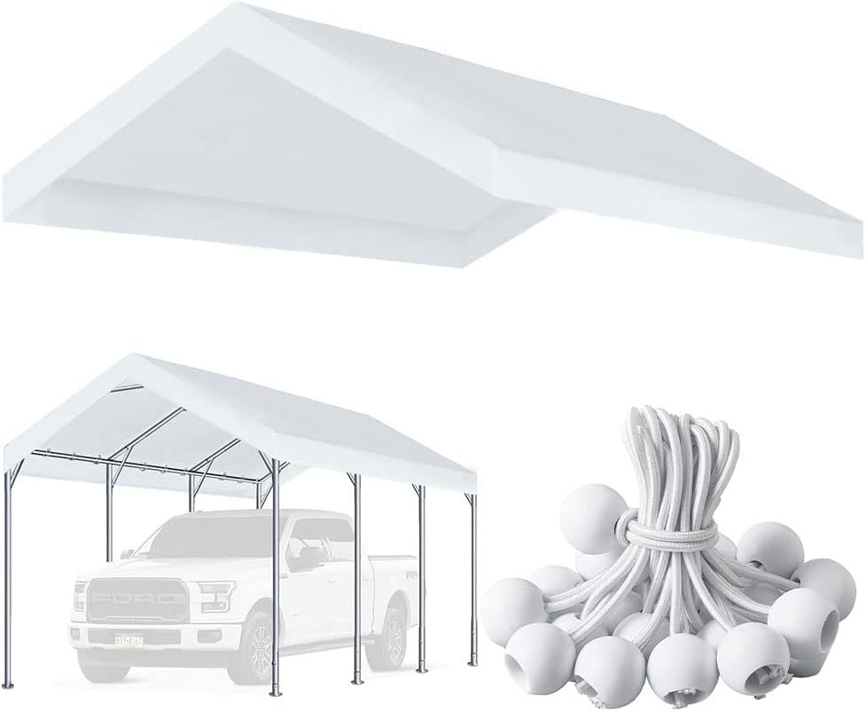 12'x20' Upgraded Carport Replacement Top Canopy Cover for Car Garage Shelter Tent Party Tent with Ball Bungees White (Only Top Cover, Frame is not Included)