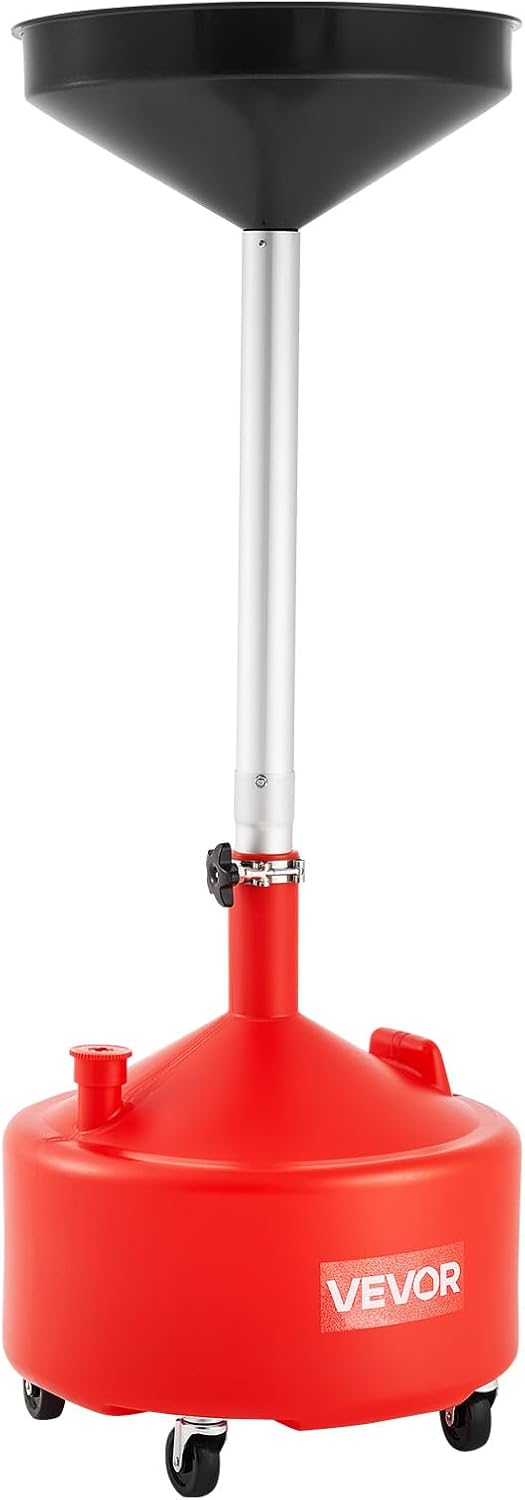 VEVOR 8 Gallon Waste Oil Drain Tank, Industrial Fluid Drain Tank with Adjustable Funnel Height, Portable Oil Drainer with Wheels, Fluid Fuel Transfer Drainage for Auto Repair Shops, Garages, Red