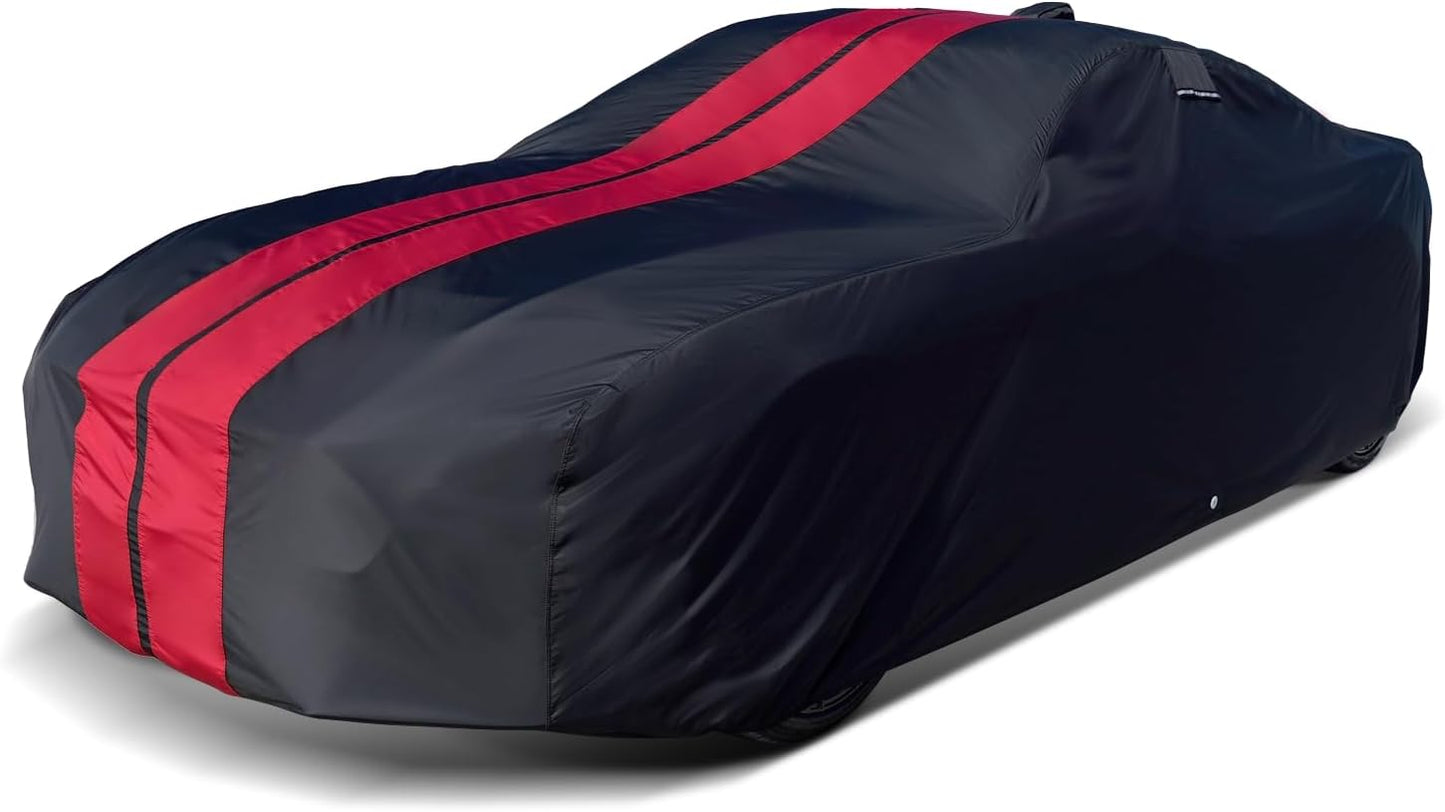 iCarCover Custom Car Cover for Pontiac Lemans 2-Door, 4-Door (1963-1969) Waterproof All-Weather Rain Snow UV Sun Protector Full Exterior Indoor Outdoor Car Cover (Stripe - Black/Red)