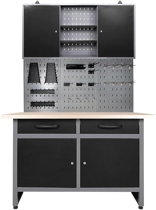 JZD Industrial Steel Garage Storage Cabinet System, Included Pegboard Wall Cabinet Wood Table Top, for Auto Repair Shops, Utility Room