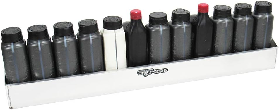 Pit Posse 443 Oil Shelf 12 Quart Bottle Holder Storage Organizer Caddy 32" - Made in USA - Enclosed Race Trailer Garage Shop Automotive Motor Engine Oil Rack Caddie Shelves (Silver)