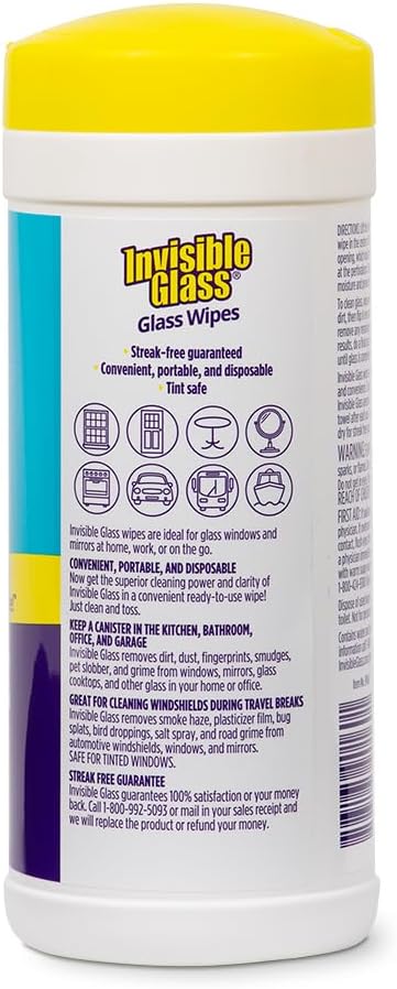 Invisible Glass 90160 Glass Cleaning Wipes Perfect for Cleaning Mirrors, Windows, and Windshields at Home, in Your Car, or at the Office, Streak-Free, Tint-Safe, Lint-Free, 40 Wipes, Pack of 1