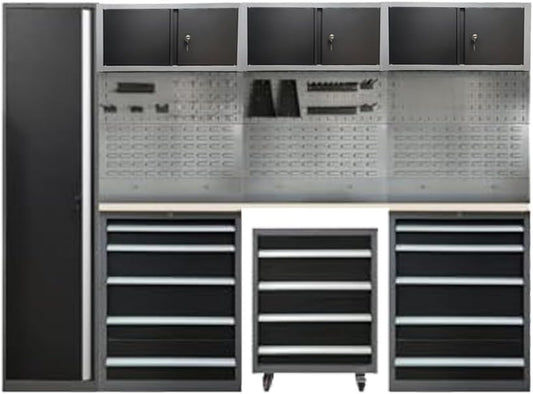 JZD Heavy Duty Metal Garage Shop Tool Storage Cabinet Set System with Wood Tabletop, for Basement Automotive Repair Shop