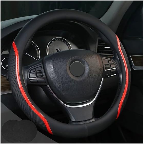 Steering Wheel Cover Black Red, Carbon Fiber Car Steering Wheel Covers with Coasters Universal 14.5-15 inch Leather Microfiber Breathable Anti-Slip Steering Wheel Accessories Set