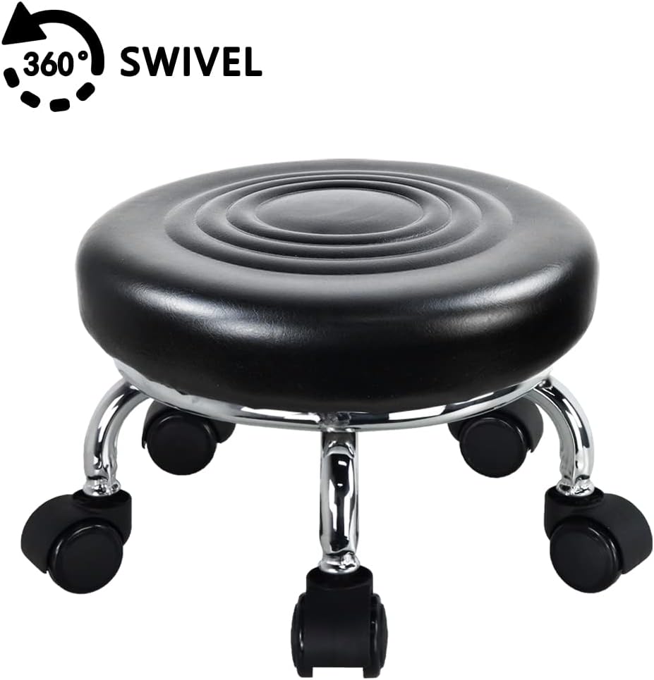 Modern Roller Seat PU Leather Low Round Rolling Stool 360 Swivel Small Stool with Universal Caster Wheels for Home Office, Garage, Shop, Fitness, Sport (H: 8.4' Black)