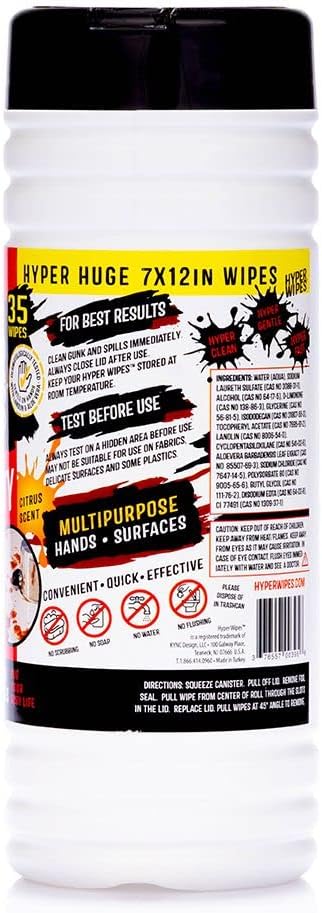 Hyper Wipes, 1 Pack Heavy Duty Hand & Tool Cleaning Wipes, 7"x12" Size Multi-Surface Cleaning Wipes, Degreasing, All Purpose Cleaner, Bathroom, Mechanic, Work Surface Wipes, 35 Count Canister