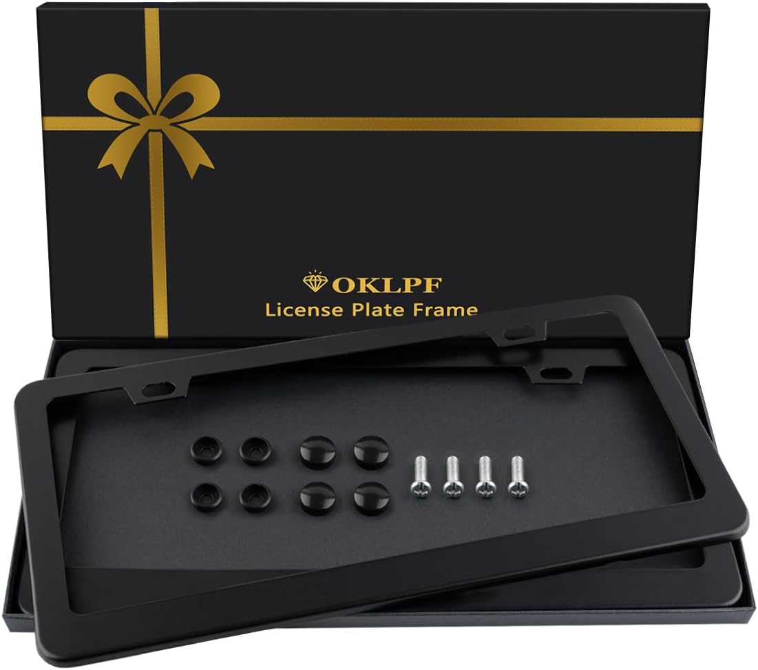 2 Pack Black License Plate Frame, Black Aluminum License Plate Cover, Matte License Plate Front and Rear 2 Packs. (2 Holes), Come with Screw Cap, Screw,Washer