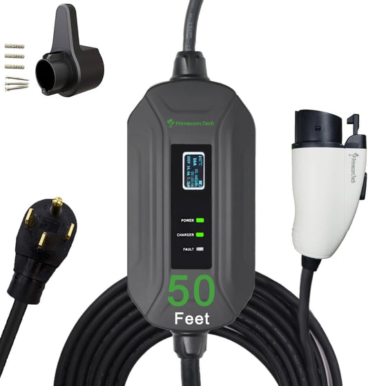 PRIMECOM Level 2 EV Charger 220/240V, 16A, 30ft & 50ft, Portable EVSE Electric Vehicle Charging Cable Compatible with Bolt Volt Leaf BMW i3 Fiat 500e Clarity NIRO Prius (50 Feet, 14-50P)