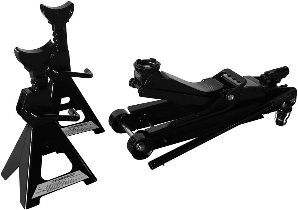 2.5 Ton Car Truck Floor Jack Service Heavy Duty Steel Hydraulic Low Profile Jack with 2 Jack Stands Tire Repair Kit for Garages Automotive Repair Shops Lifting Range 3.3"-15"