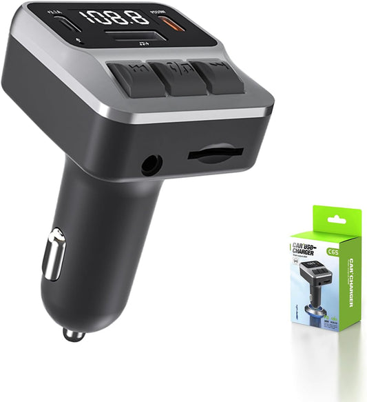 Car Bluetooth 5.3 FM Transmitter，with Dual PD 30W Type-C Car Fast Charging and Support USB Port Bluetooth Adapter, Hands-Free Calling，Support AUX, TF Card，U Disk(C65)