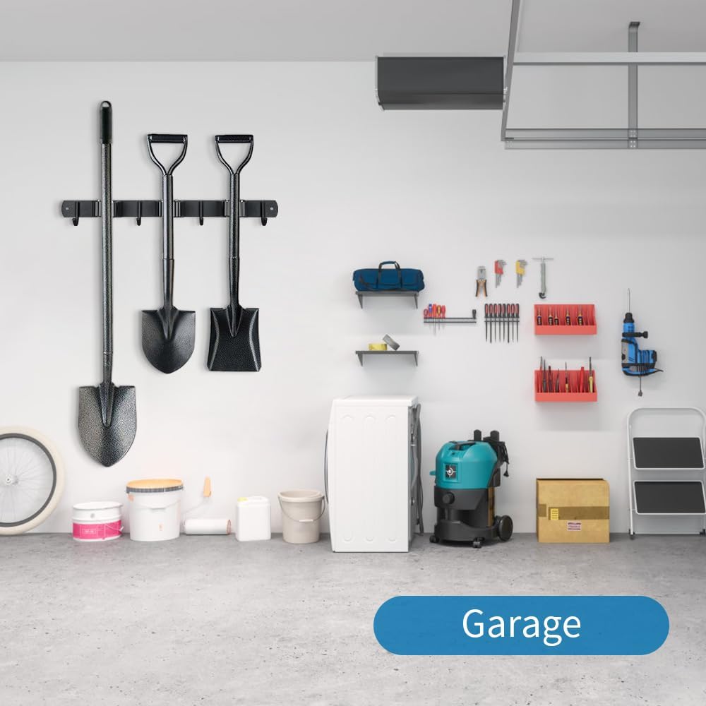 2 Pack Broom Hanger and Mop Holder, Heavy Duty Garden Tool Organizer Rack Rake and Shovel Handle, Stainless Steel Wall Mounted Utility Rack with Screws (3 Racks with 4 Hooks, Matte Black).