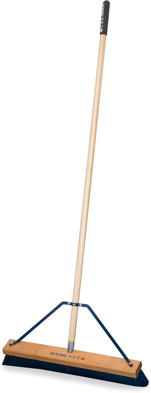 24" Everyday Sweep Indoor/Outdoor Push Broom with 60" Handle. Ideal for Garages & Shops. Durable American Made Steel Brackets-All Stainless Steel Hardware. No Plastic. 100% Made in The USA.