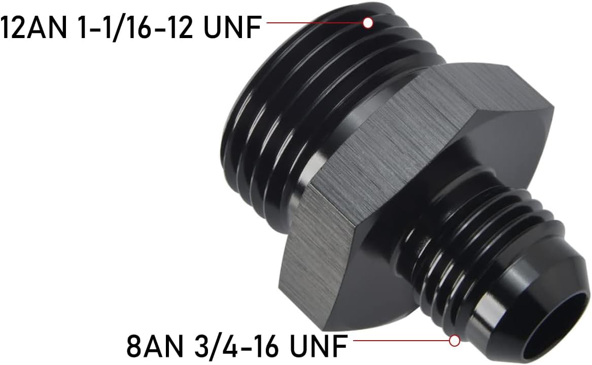 8AN Male Flare to 12AN 12 ORB O-ring Boss Fuel Rail Adapter Fitting Aluminum Black, Pack of 2