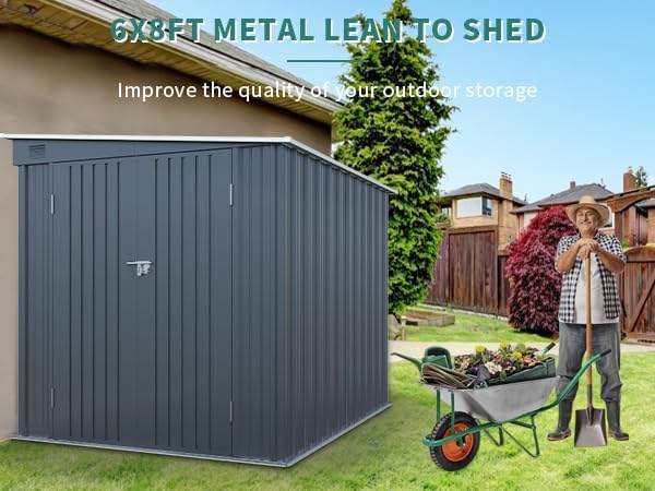LANTRO JS 6x8FT Metal Outdoor Storage Shed, Garden Tool Shed Without Floor, Lean to Shed with Free PC Light Board and Lockable Doors for Garden Bike Lawnmower