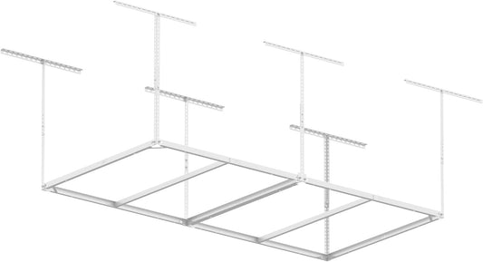 4x8ft Overhead Garage Storage Rack Wooden Decking Not Included, Heavy Duty Metal Rack, Adjustable Ceiling Dropdown, 600lbs Weight Capacity (White)