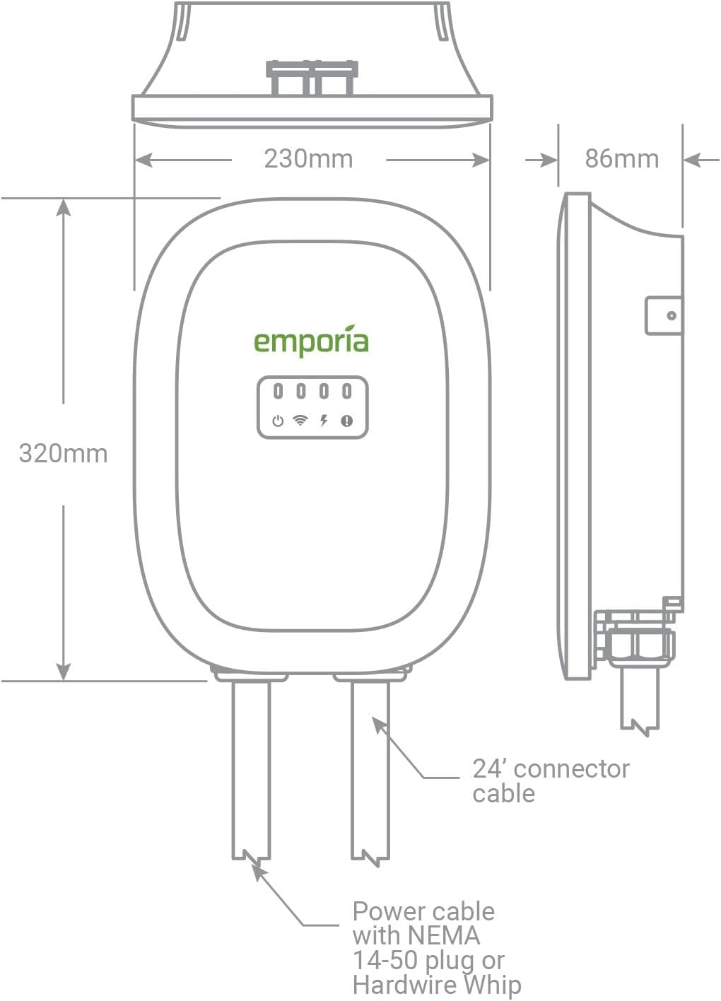 EMPORIA Level 2 EV Charger - NEMA 14-50 EVSE w/ J1772 Connector - 48 amp EV Charger Level 2, 240v WiFi Enabled Electric Vehicle Charging Station, 25ft Cable, White