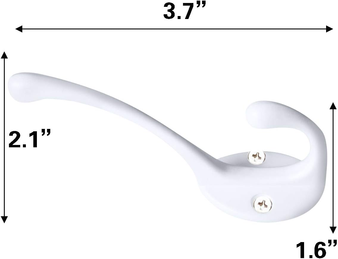 10 Pack Heavy Duty Dual Coat Hooks Wall Mounted with 20 Screws Retro Double Hooks Utility Black Hooks for Coat, Scarf, Bag, Towel, Key, Cap, Cup, Hat (White)