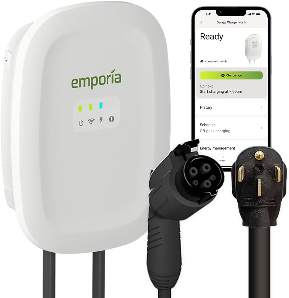 EMPORIA Level 2 EV Charger - NEMA 14-50 EVSE w/ J1772 Connector - 48 amp EV Charger Level 2, 240v WiFi Enabled Electric Vehicle Charging Station, 25ft Cable, White