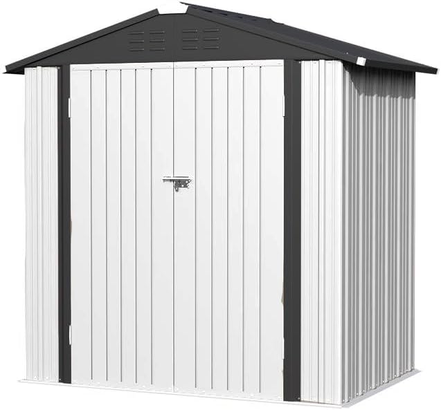 Greesum 6×4FT Outdoor Storage Shed, Metal Patio Storaged Sheds with Lockable Doors, Sheds & Outdoor Storage for Bike, Backyard, Pool and Garden, White