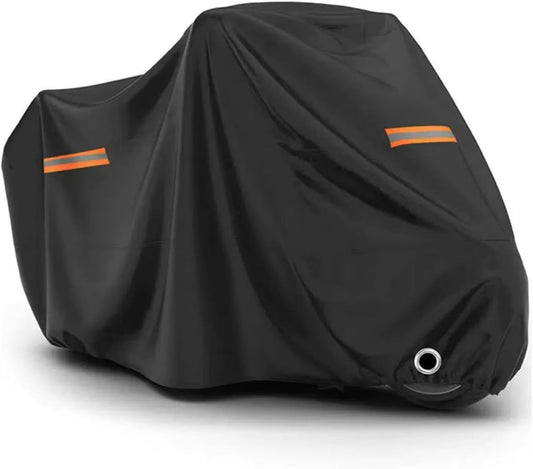 Motorcycle Cover, 210D Oxford Cloth, with Reflective Stripes, Waterproof Outdoor Protection, All-Weather Universal car Cover, with Lock Holes and Storage Bag. (All Black, 90.5")