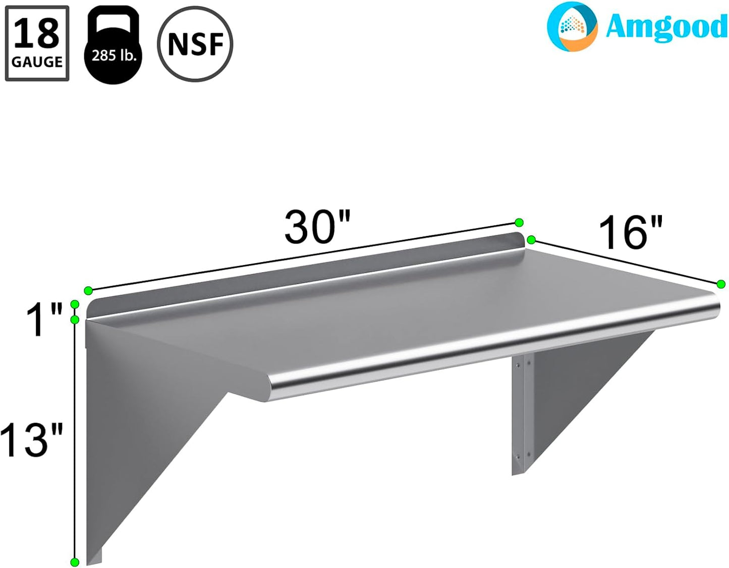 AmGood 30" Long X 16" Deep Stainless Steel Wall Shelf | NSF Certified | Appliance & Equipment Metal Shelving | Kitchen, Restaurant, Garage, Laundry, Utility Room
