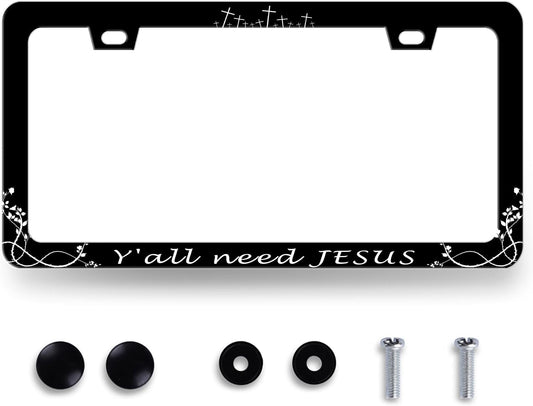 Y'all Need Jesus License Plate Frame Christian License Plate Frames Jesus Auto Accessory for Funny Text Car Decorative Stainless Steel License Plate Holder with Screws Men Women 12.2"x 6.2"