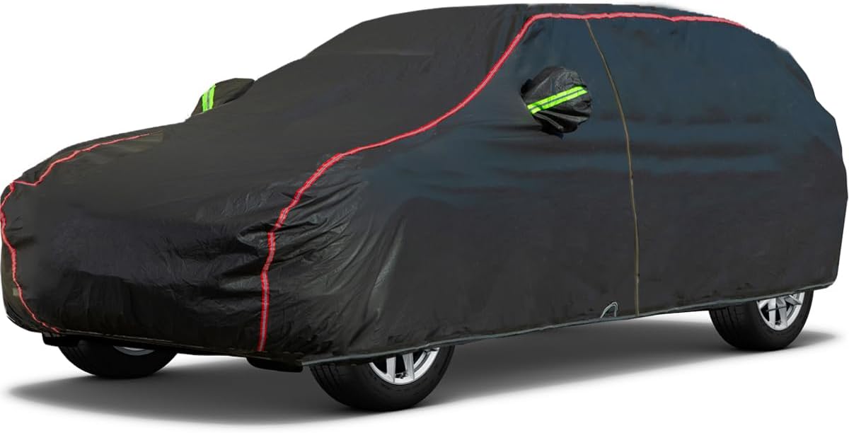 AUQDD 6-Layers PEVA New Material Sedan SUV Full Padded Car Cover Waterproof All Weather Weatherproof UV Sun Protection Snow Dust Storm Resistant Outdoor Exterior Custom Form-Fit Straps 214"-232" Black