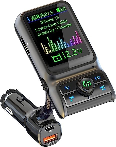 BC85LK Wireless Bluetooth Car Adapter with QC 3.0 PD 3.0 USB C Fast Charger, Bluetooth 5.0 Radio Transmitter, Hands-Free Phone Call Support