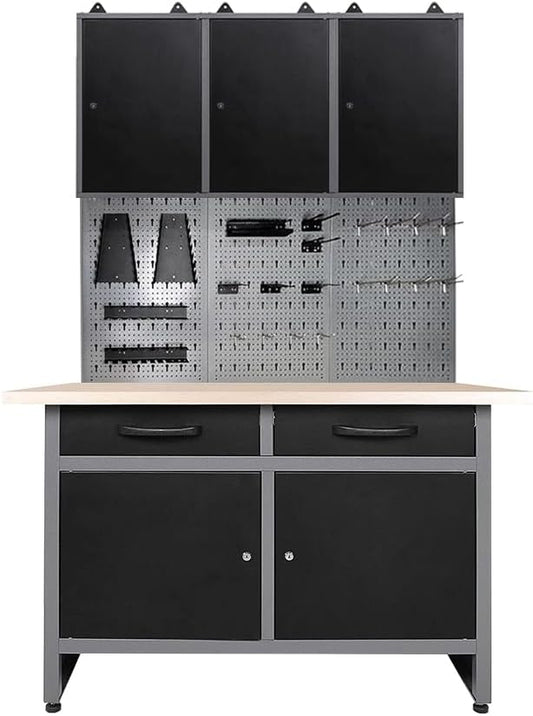 JZD Workshop Tool Cabinet Set System with Wood Worktop, for Auto Repair Shops, Utility Room Garage