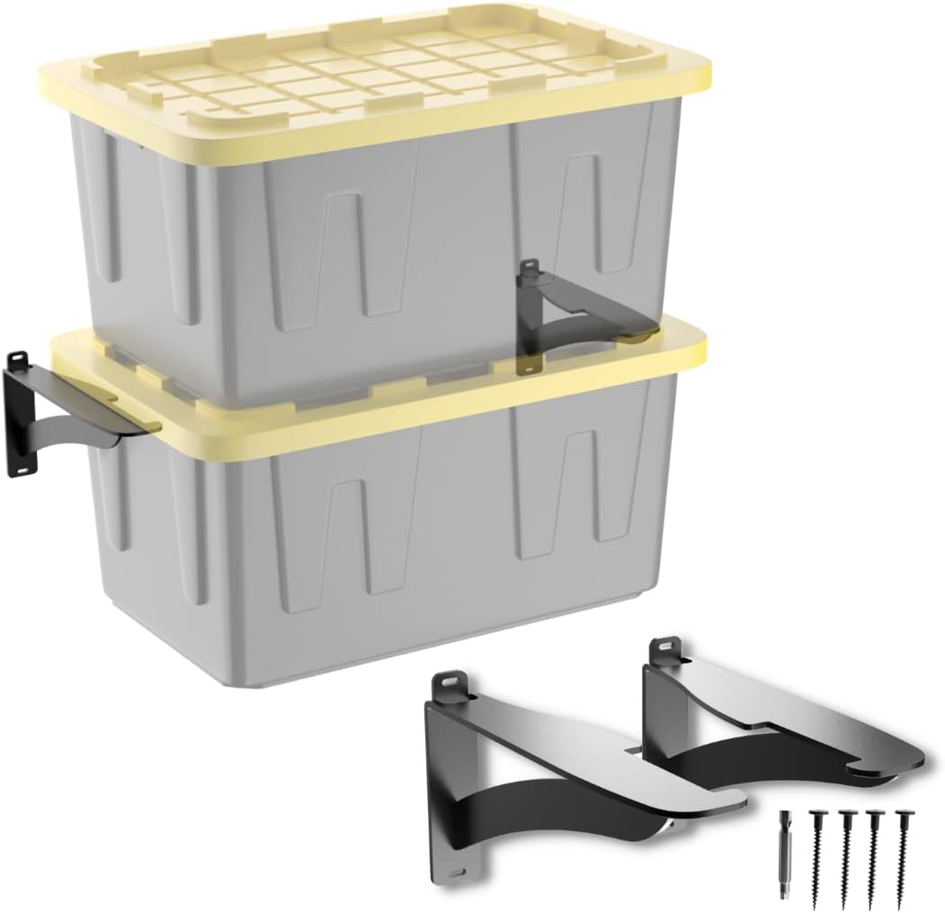 Koova Wall Mounted Tote Rack Storage System, Fits 27-Gallon Black and Yellow Commander Style Bins, Wall Mount Bracket Shelves for Garage Organization, Heavy Duty Steel, Made in USA (2-Piece Set)