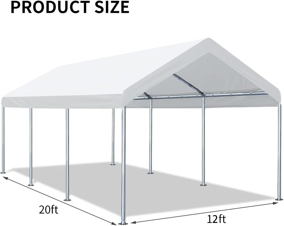 Rutile 12'x20' Carport Replacement Top Canopy Cover for Car Garage Shelter Tent Party Tent with Ball Bungees White (Only Top Cover, Frame is not Included)