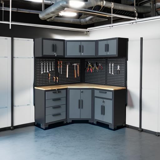 Corner Workshop Set - Garage Cabinets and Storage System with Corner Cabinet, Cabinet Drawers, Workbench, Pegboard for Tool Organization - Black and Grey