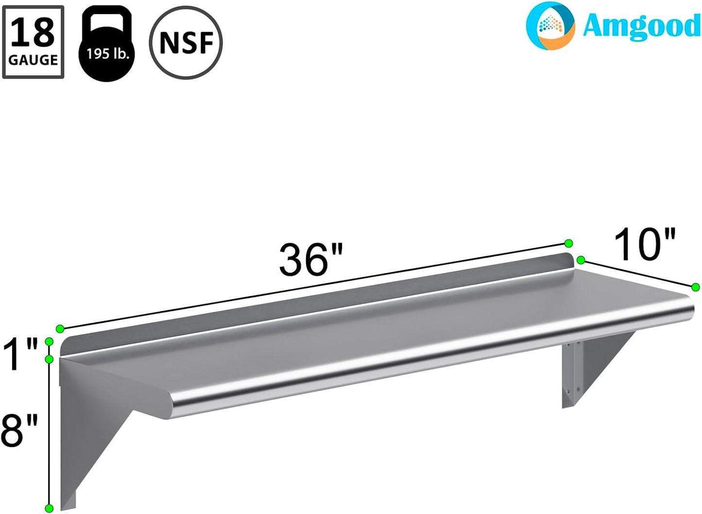 AmGood 36" Long X 10" Deep Stainless Steel Wall Shelf | NSF Certified | Appliance & Equipment Metal Shelving | Kitchen, Restaurant, Garage, Laundry, Utility Room