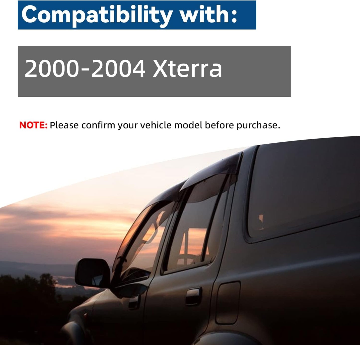 Set of 4 Front+Rear Smoke Sun/Rain Guard Outside Mount Tape-On Acrylic Window Visors Compatible with 00-04 Xterra