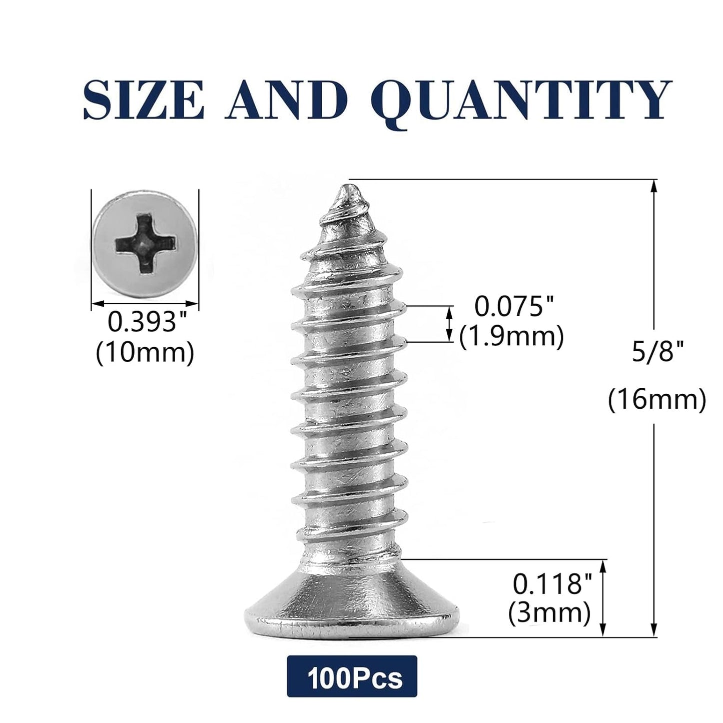 #12 x 5/8" Wood Screw 100Pcs 18-8 (304) Stainless Steel Screws Flat Head Phillips Fast Self Tapping Drywall Screws by SG TZH