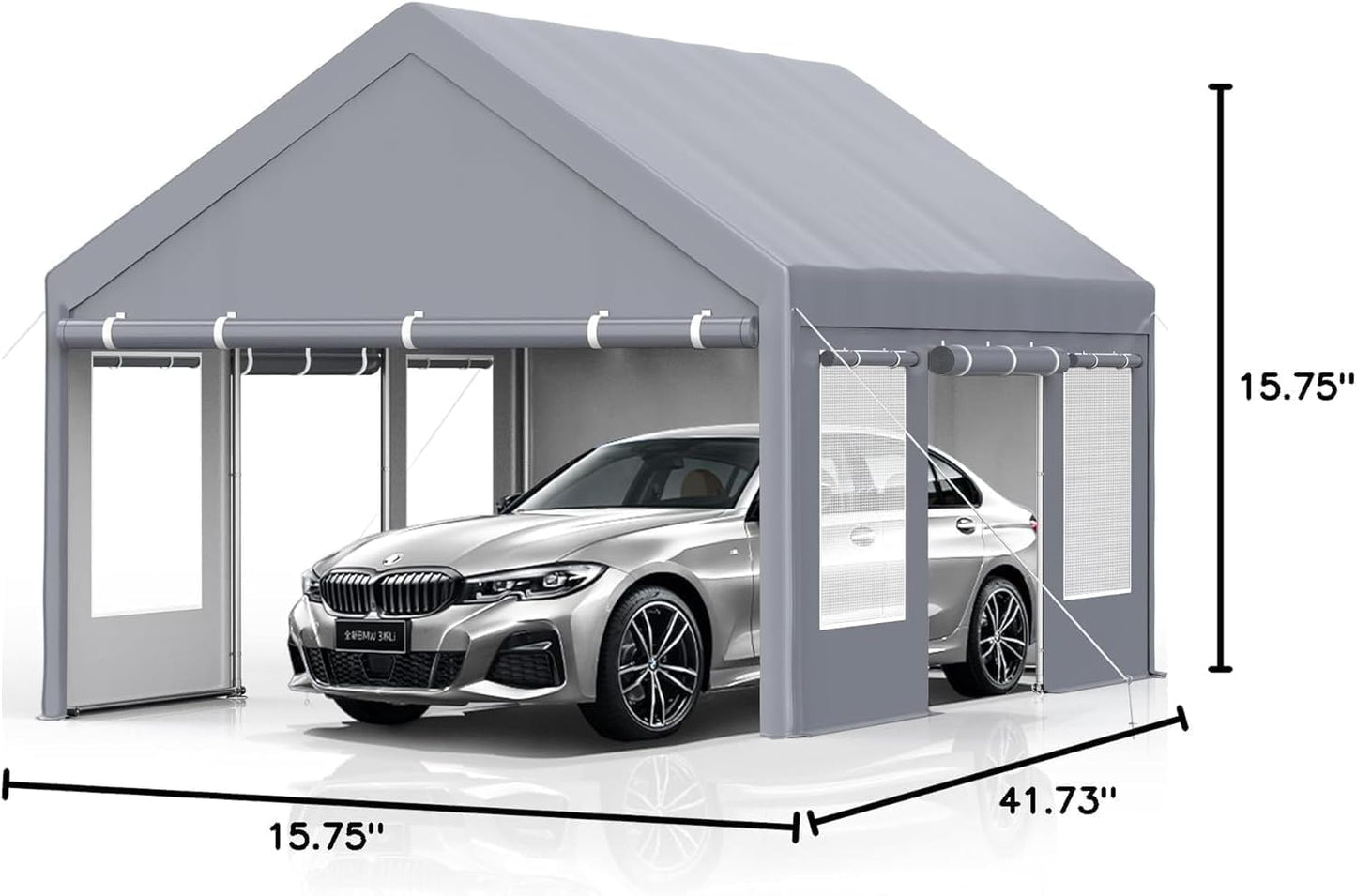 13x20 Ft. Metal Carport Garage with PE Fabric and Galvanized Steel Frame Outdoor Shelter for Cars, Trucks and Boats with 4 Doors and Mesh Windows for Ventilation - Grey