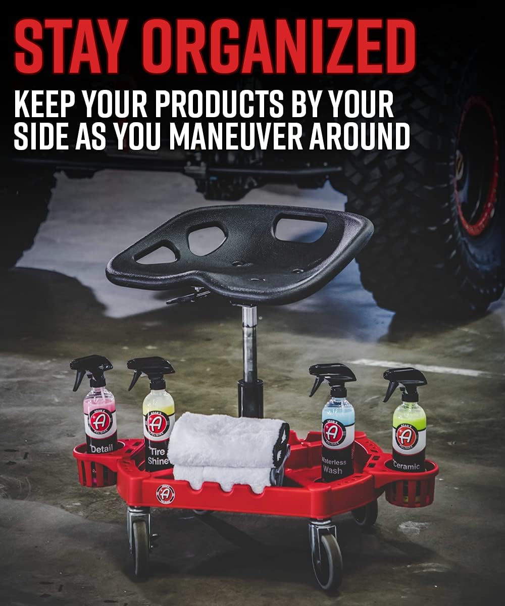 Adam's Polishes Pro Rolling Stool, Car Detailing Stool Chair, Shop Stool with Wheels, Garage Organizer, Tool Organizer Tray, Adjustable Height for Car Cleaning Buffer Polisher Ceramic Coating Car Wax
